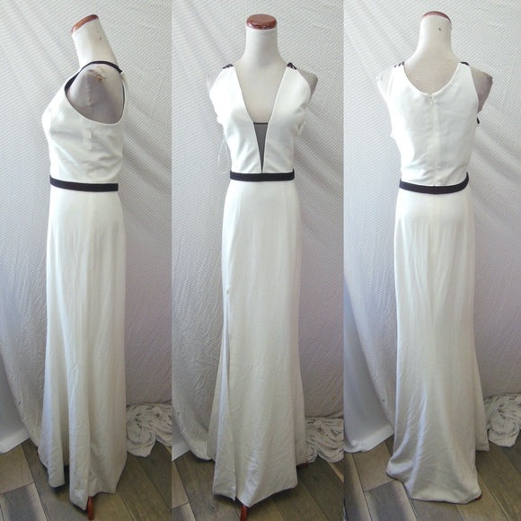 NEW DRESS THE POPULATION Off White & Black LANA Plunge Neck MERMAID Slit GOWN XL - Picture 4 of 16